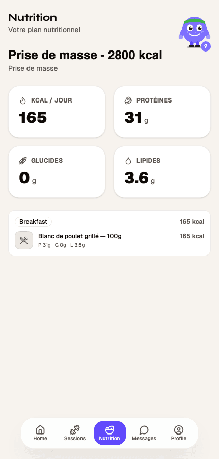 Écran nutrition mobile d'un adhérent Yuno avec macros et détail des repas